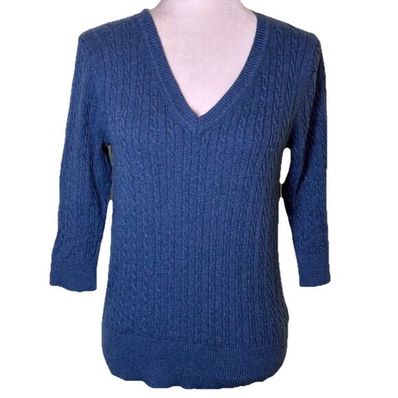 Natural Reflections Women’s Blue Cable Knit Sweater V-Neck 3/4 Sleeve Classic Sm - Picture 1 of 8